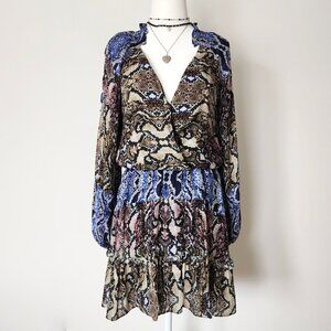 Parker Snakeskin Silk Dress Medium Ruffle Blue Brown Gladis Python Boho‎ Cottage